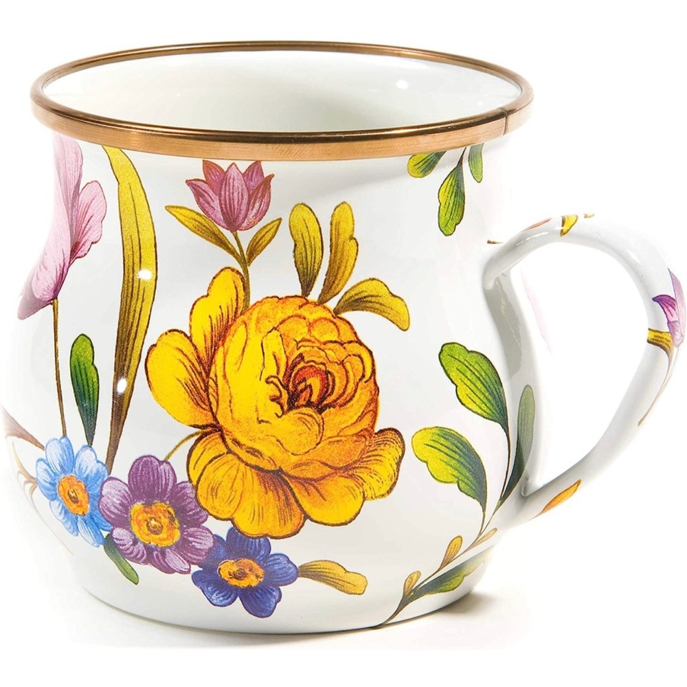 MACKENZIE-CHILDS Flower Market Coffee Cup, Floral Enamel Coffee Mug, White